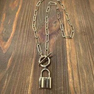 Gold Paperclip Chain Necklace with Padlock Pendant